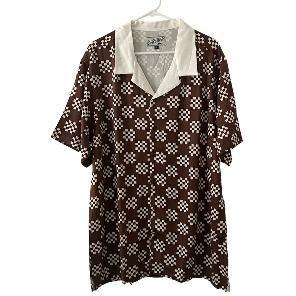Bogey Boys Men's Check Button Front Brown Retro Style Golf Shirt L Large New